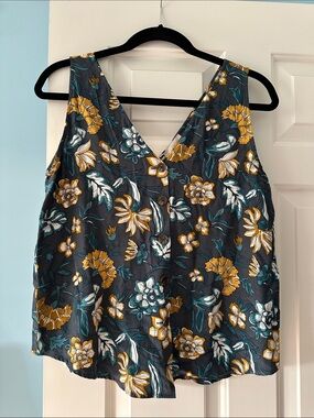 LOFT Floral Button-Front V-Neck Women’s Top — Dark Teal & Mustard